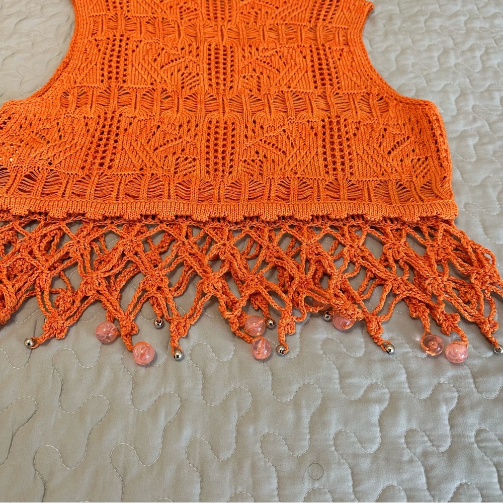 Zara Orange Crochet Beaded Detail Cropped Women’s Tank Top - Picture 5 of 7